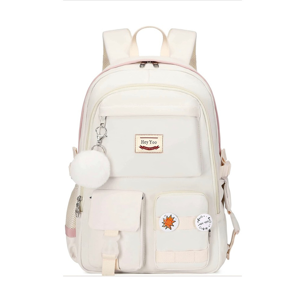 Hey Yoo Girls Laptop Backpack Adjustable Strap Waterproof Keychain White New